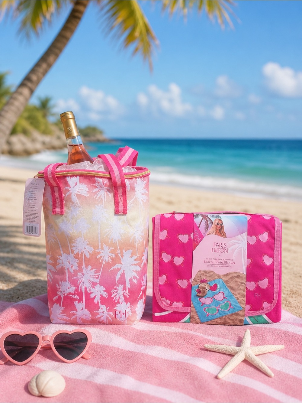 Paris Hilton Folding Beach Blanket and Wine Cooler Carrier Set NWT